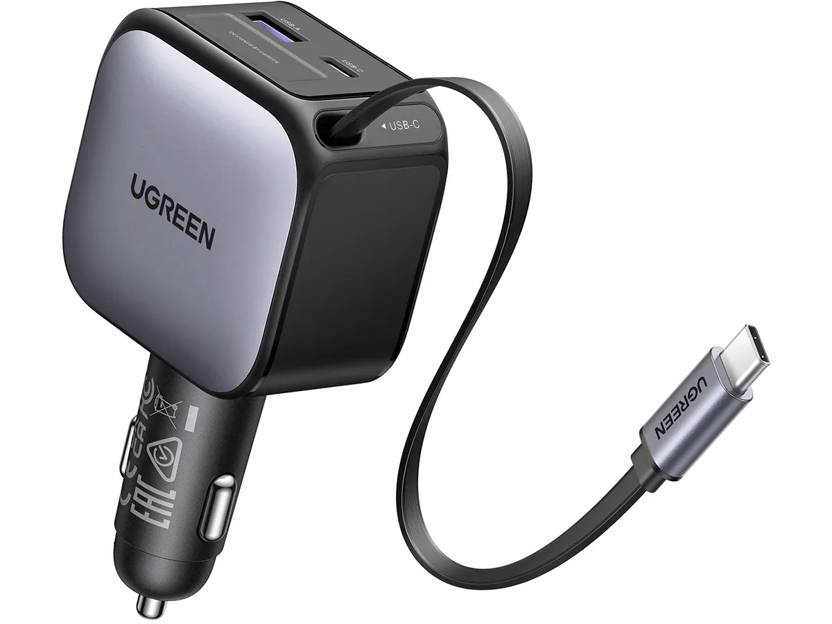 Incarcator auto Ugreen 60W, cu cablu retractabil USB-C, 1x USB-C, 1x USB-A, Gri