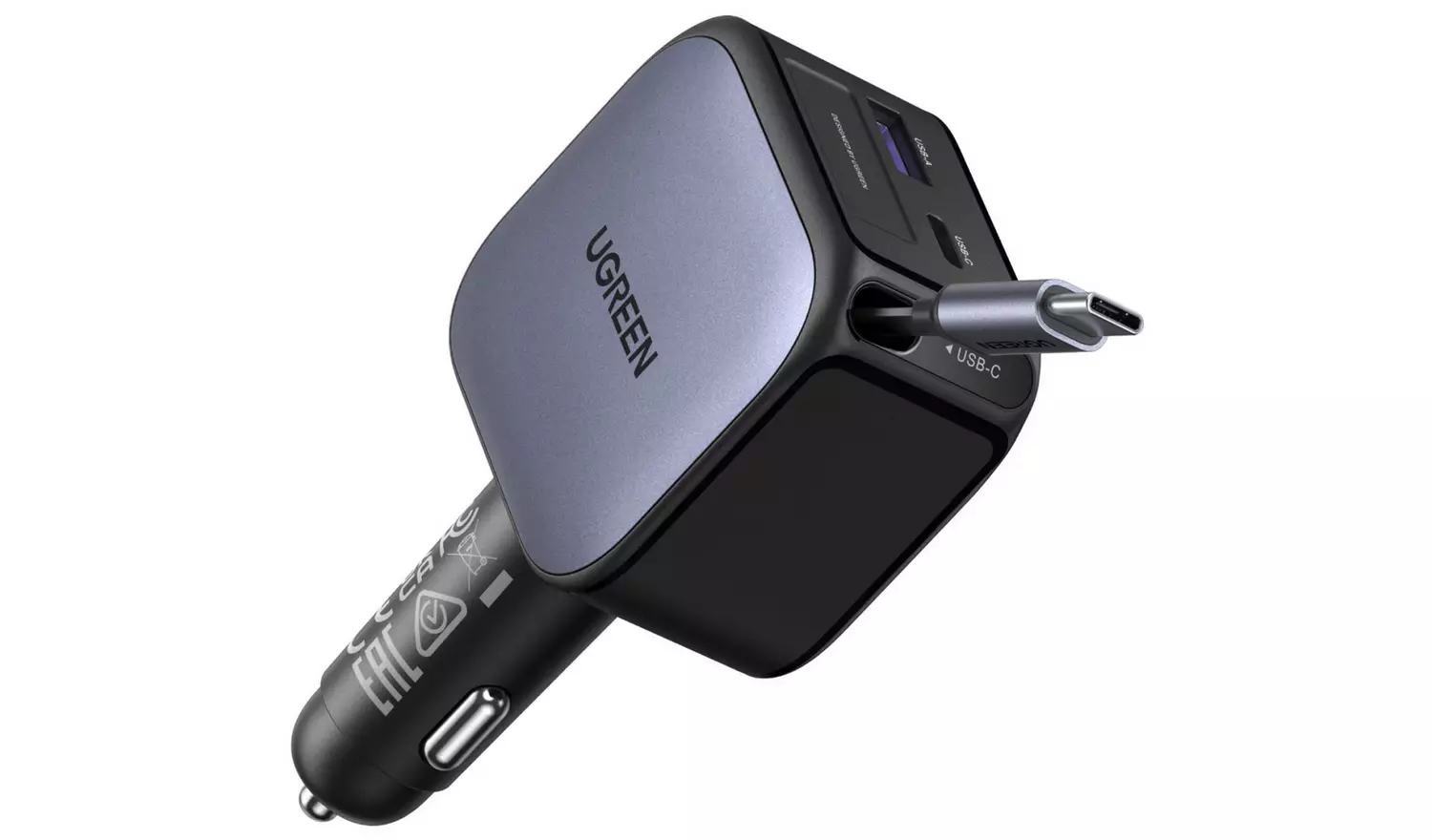 Incarcator auto Ugreen 90W, 1xUSB-C, 1xUSB-A, cu cablu USB-C incorporat, Negru