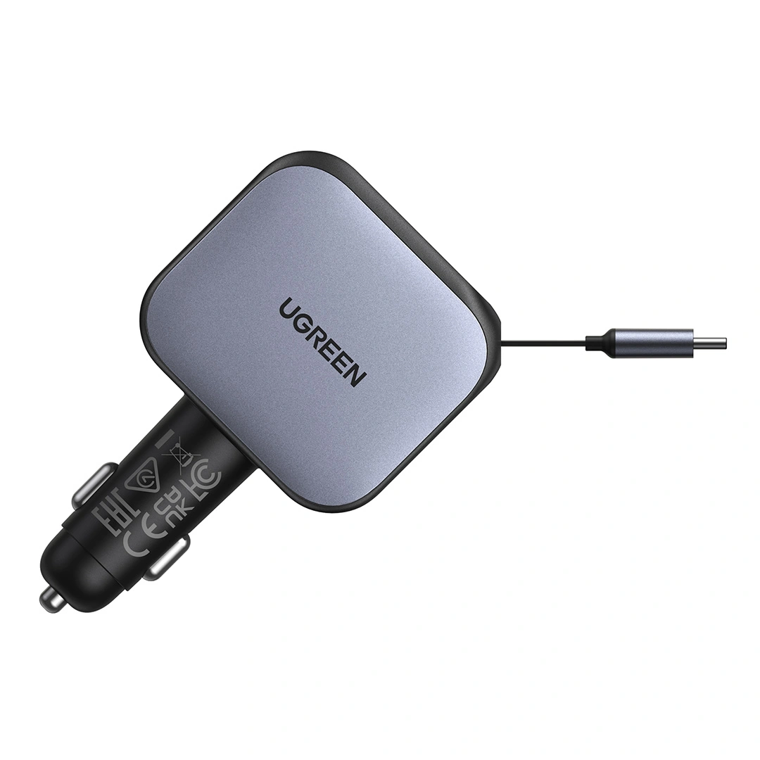 Incarcator auto Ugreen Nexode Fast Charger 145W, 2x USB-C, 1x USB-A, cu cablu retractabil USB-C, Gri