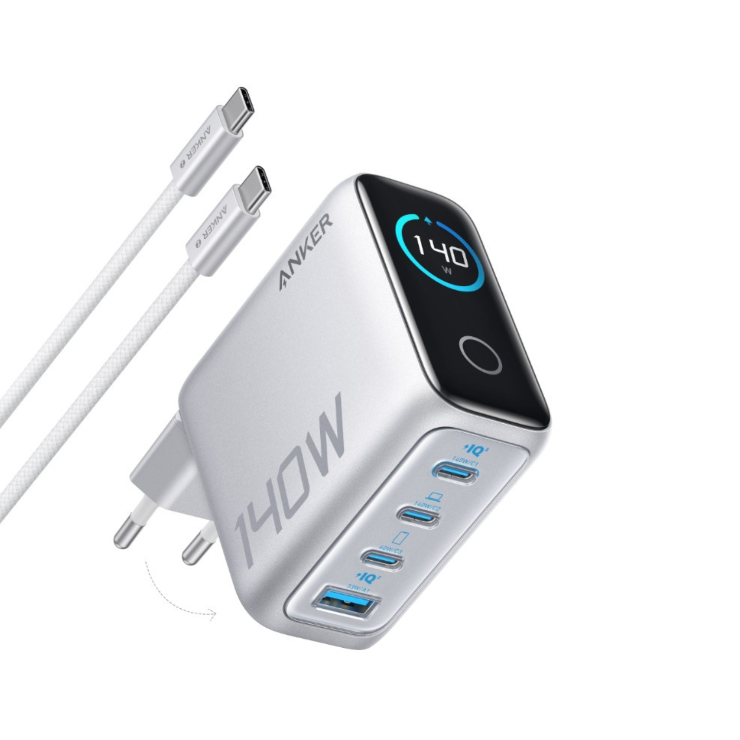 Incarcator de retea Anker Zolo 140W, Digital Display, 3x USB-C, 1x USB-A, PD 3.1, cablu USB-C inclus, Argintiu