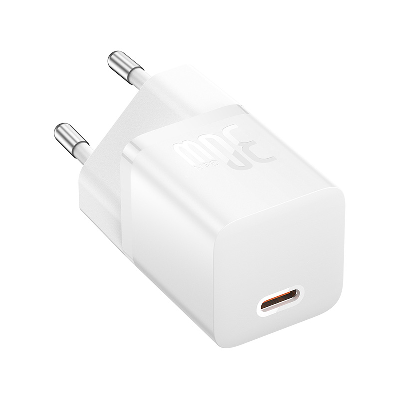 Incarcator de retea Baseus GaN5 30W, 1x USB-C, cu cablu USB-C inclus, Alb