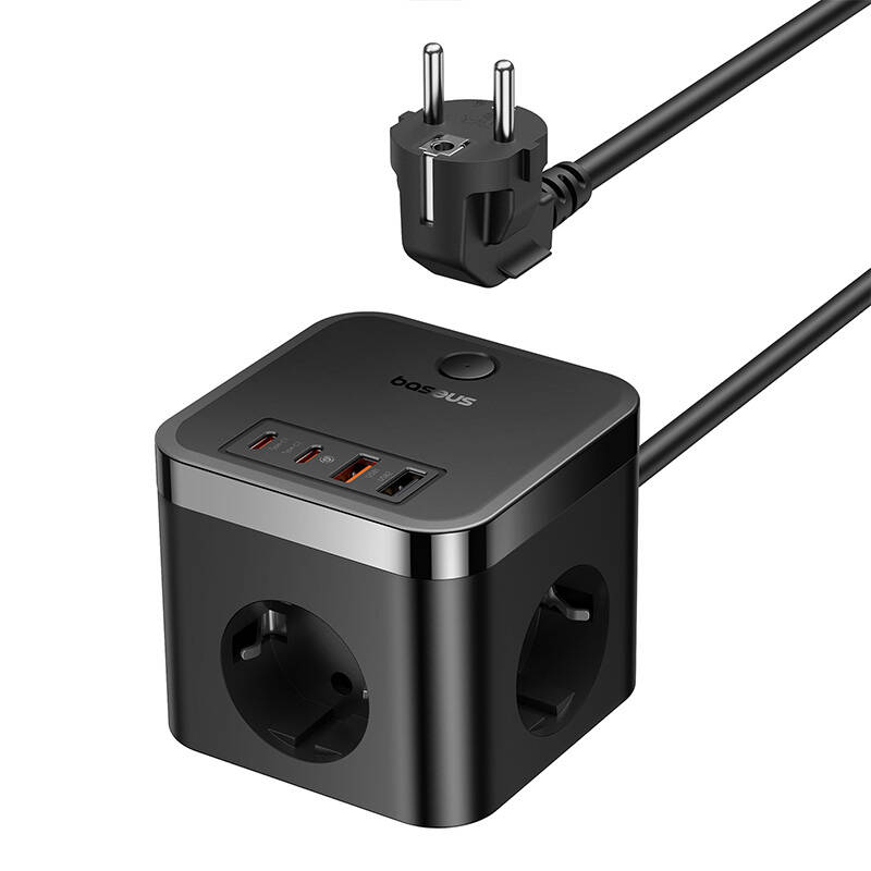 Incarcator de retea Baseus PowerCombo Cube, cu prelungitor, 30W, 3x AC, 2x USB-C, 2x USB-A, 1.5m, Negru