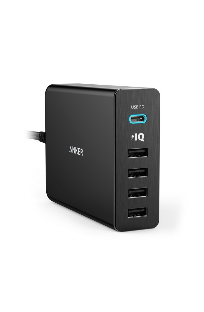 Incarcator de retea premium Anker PowerPort+ 5 60W 1xUSB-C 4xUSB 3.0 cu Power Delivery si PowerIQ Negru