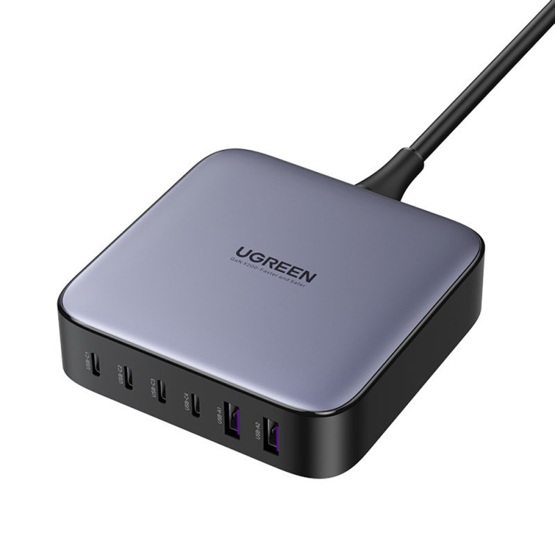 Statie de incarcare Ugreen GaN 200W, GaN, 4x USB-C, 2x USB-A, cu cablu USB-C inclus, Gri