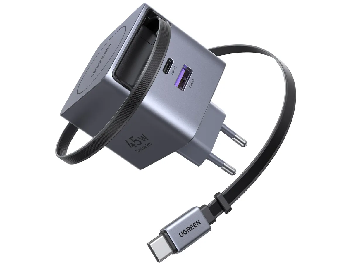 Incarcator de retea UGREEN 45W, GaN Fast Charger, USB-C, USB-A, Cablu Retractabil incorporat, Gri