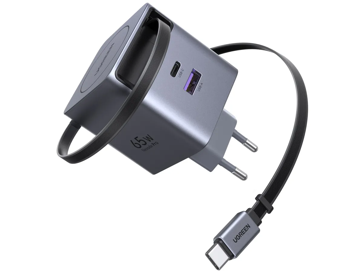 Incarcator de retea UGREEN 65W, GaN Fast Charger, USB-A, USB-C, Cablu Retractabil incorporat, Gri
