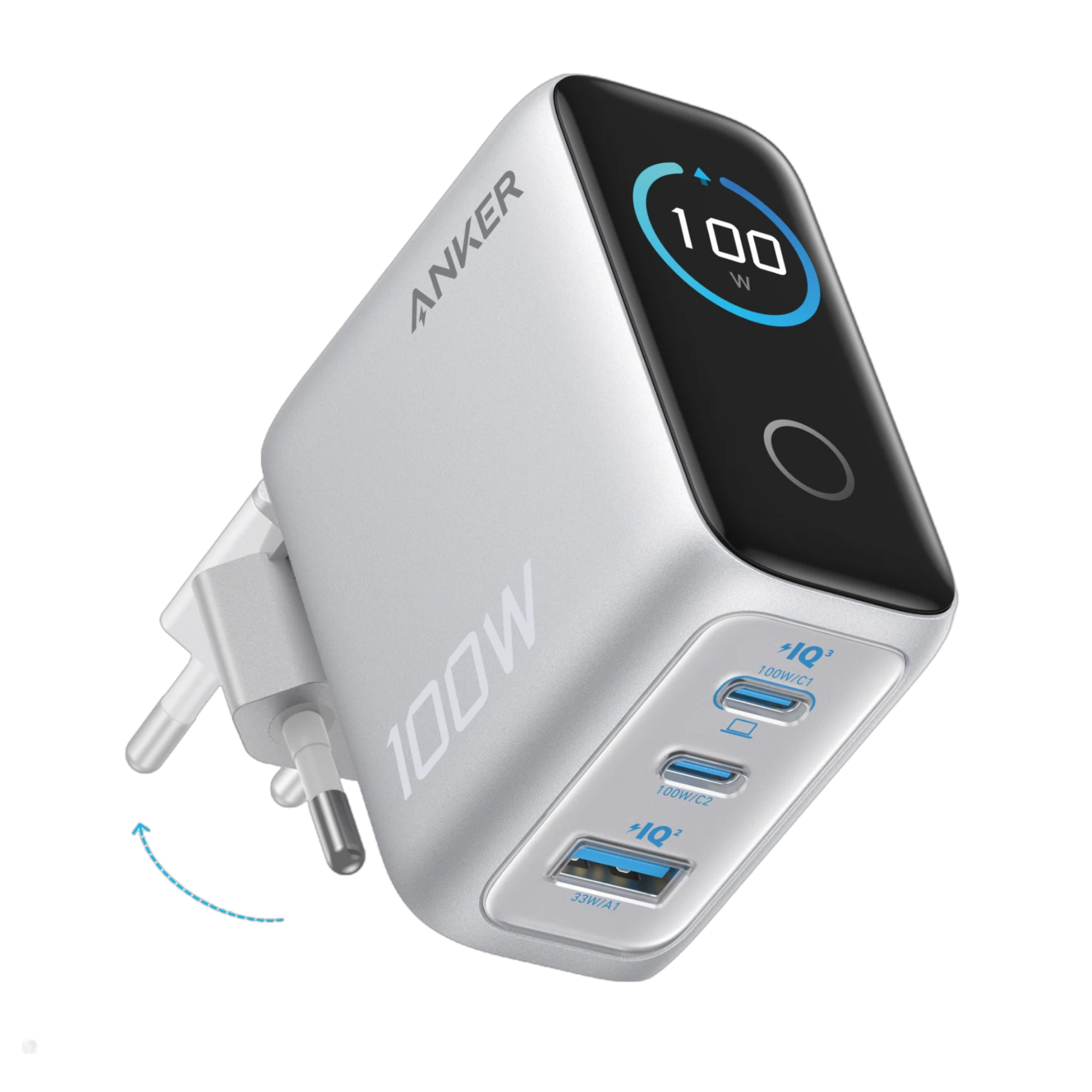 Incarcator retea Anker 100W, 2x USB-C, 1x USB-A, Smart-Display, Argintiu