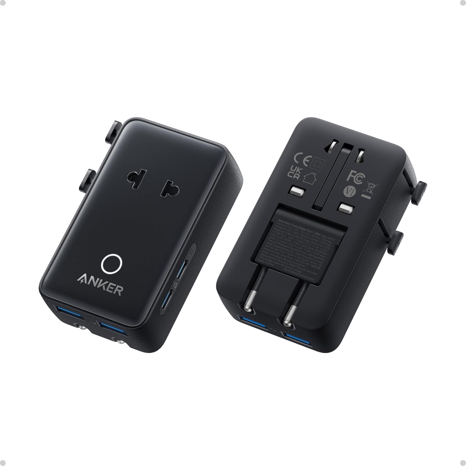 Adaptor priza si incarcator universal Anker Nano Travel Adapter 5 in 1, 20W, 2x USB-C, 2x USB-A, EU, UK, US, AU, Negru