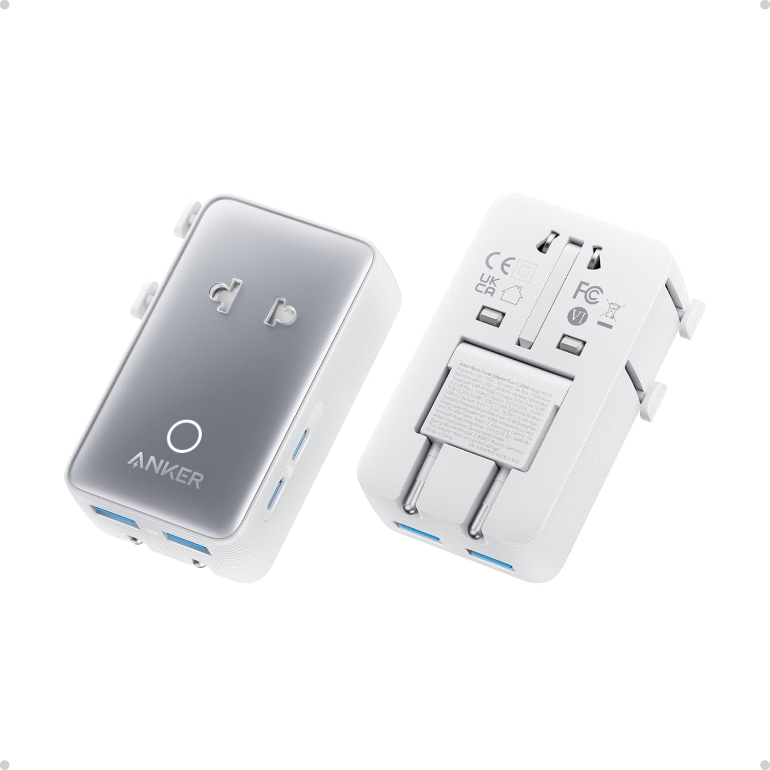 Adaptor priza si incarcator universal Anker Nano Travel Adapter 5 in 1, 20W, 2x USB-C, 2x USB-A, EU, UK, US, AU, Alb