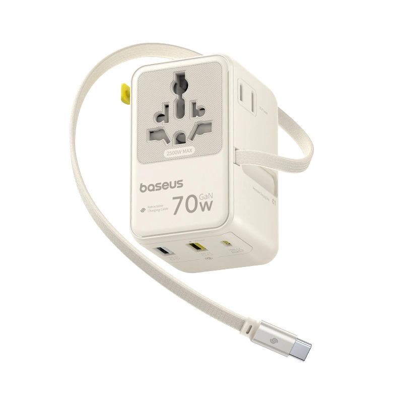 Adaptor de calatorie Baseus EnerCore CG11 6-in-1 70W, 2x AC, 2x USB-A 1x USB-C, cu cablu USB-C retractabil, Alb
