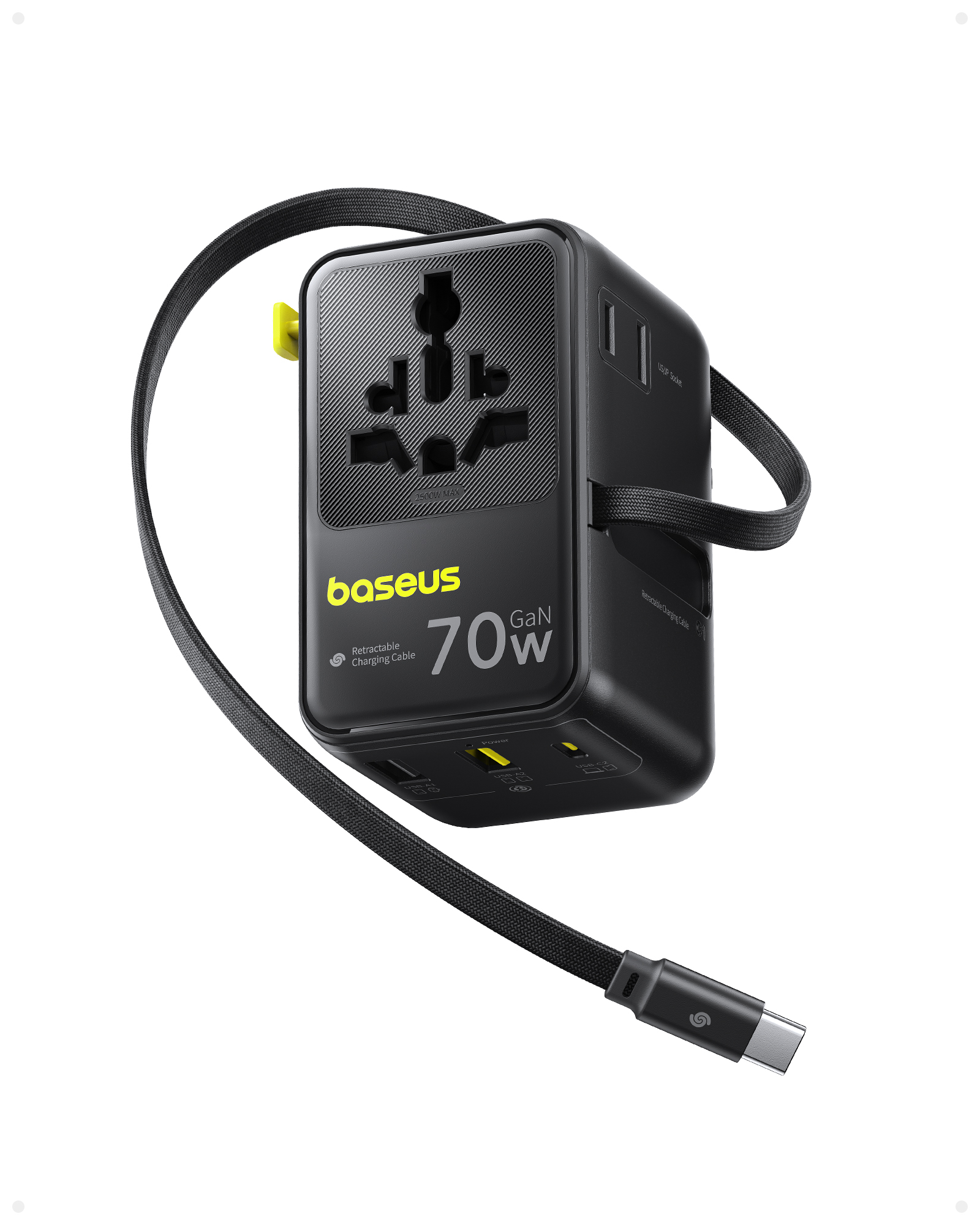 Adaptor universal de calatorie Baseus EnerCore CG11, 2xUSB-C, 2xUSB, 2xSchuko, QC, 70W, cu cablu USB-C retractabil, Negru