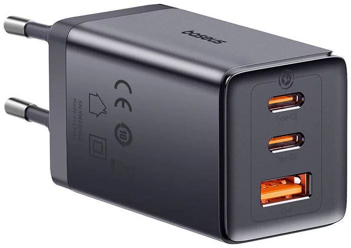 Incarcator retea Baseus GaN5, 65W, 2x USB-C, 1x USB (cablu USB-C inclus), Gri
