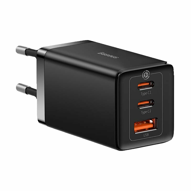 Incarcator retea Baseus GaN5 Pro Fast Charge, 2x USB-C, 1x USB-A, 65W, cu cablu USB-C 100W, 1m Negru