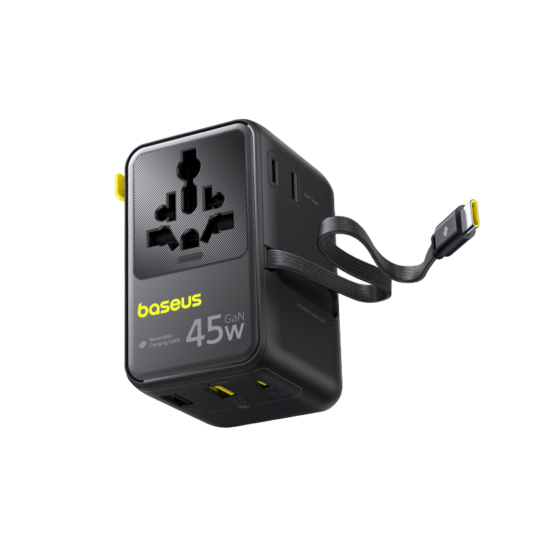 Adaptor de calatorie Baseus PicoGo AG11 2x AC, 2x USB-A, 1x USB-C, 45W, cablu USB-C retractabil, Negru