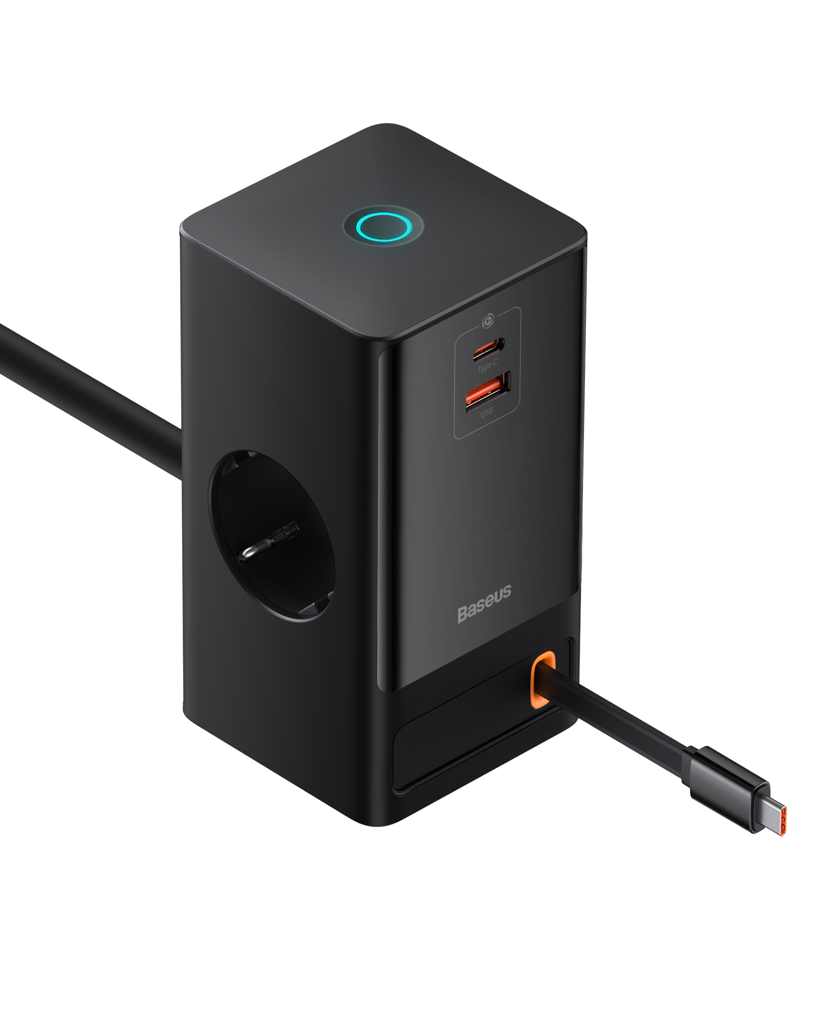 Incarcator retea Baseus PowerCombo Digital PowerStrip, 2 prize AC, 1x USB-C, 1x USB-A, cablu retractabil USB-C, 65W, lungime cablu 1.5m, Negru