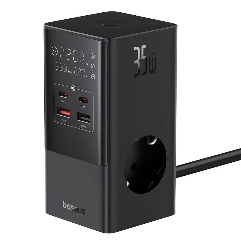 Incarcator retea Baseus PowerCombo Tower Digital 3AC+2U+2C 35W, cablu 1.5m, Negru