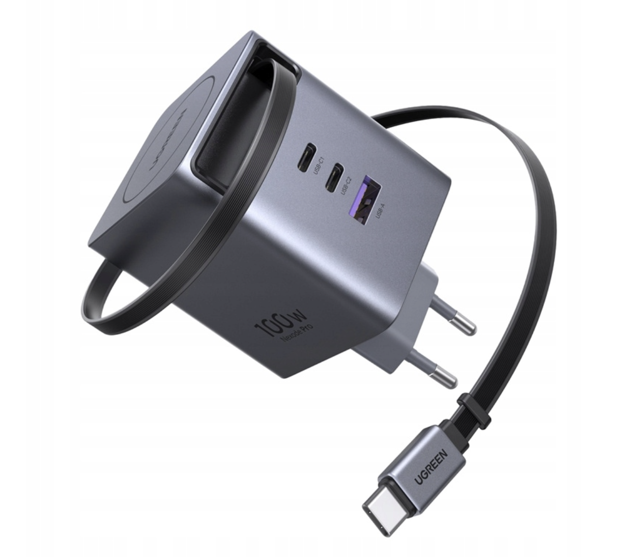 Incarcator retea Ugreen Nexode 100W, GaN Fast Charger, 2x USB-C, 1x USB-A, cu cablu retractabil, Gri
