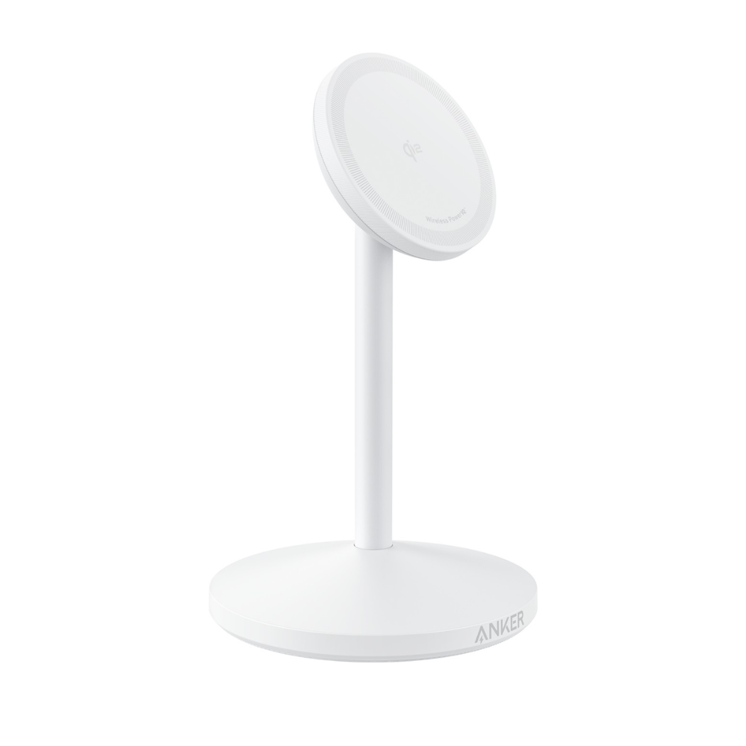 Incarcator wireless Anker MagGo Stand Qi2 360 15W, pentru iPhone 16/15/14/13/12, Alb