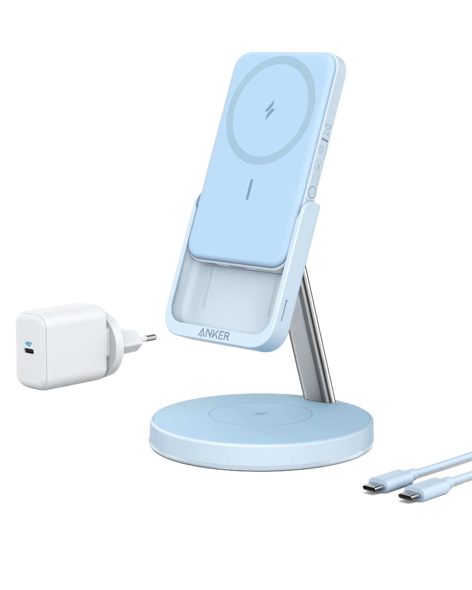 Incarcator wireless magnetic Anker 633 MagGo 2in1  cu baterie externa detasabila, pentru seria iPhone 12 si 13, Albastru