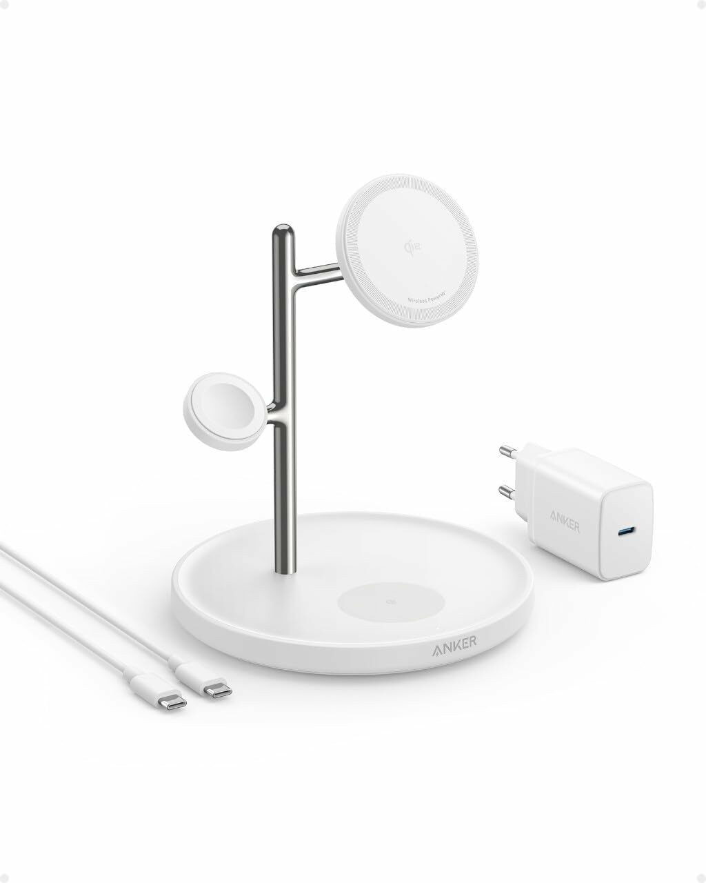 Incarcator wireless magnetic Anker MagGo 3in1, 15W, Qi2, pentru iPhone 15/14/13, AirPods Pro, Apple Watch Ultra, incarcator si cablu USB-C inclus, Alb