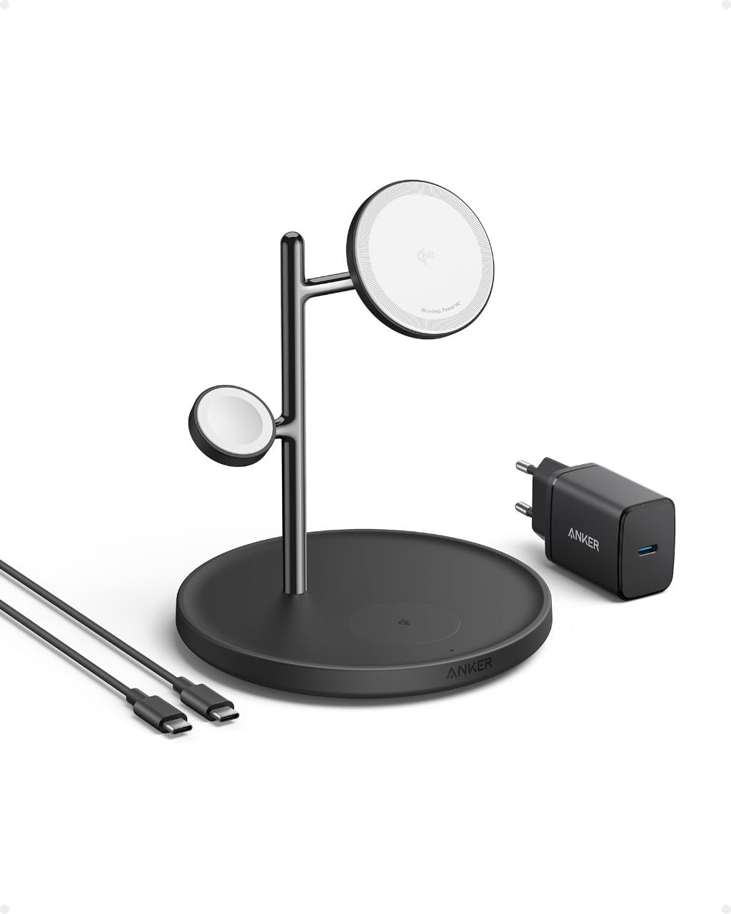 Incarcator wireless magnetic Anker MagGo 3in1, 15W, Qi2, pentru iPhone 15/14/13, AirPods Pro, Apple Watch Ultra, incarcator si cablu USB-C inclus, Negru