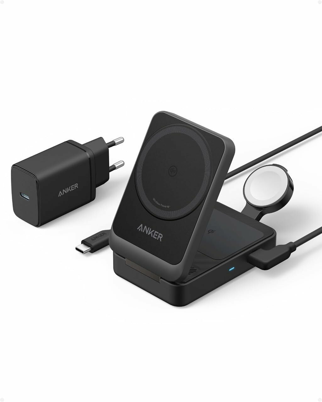 Incarcator wireless magnetic Anker MagGo 3-in-1, MagSafe compatibil, 15W, Qi2 Certificat, Pliabil, (incarcator si cablu USB-C inclus), Negru