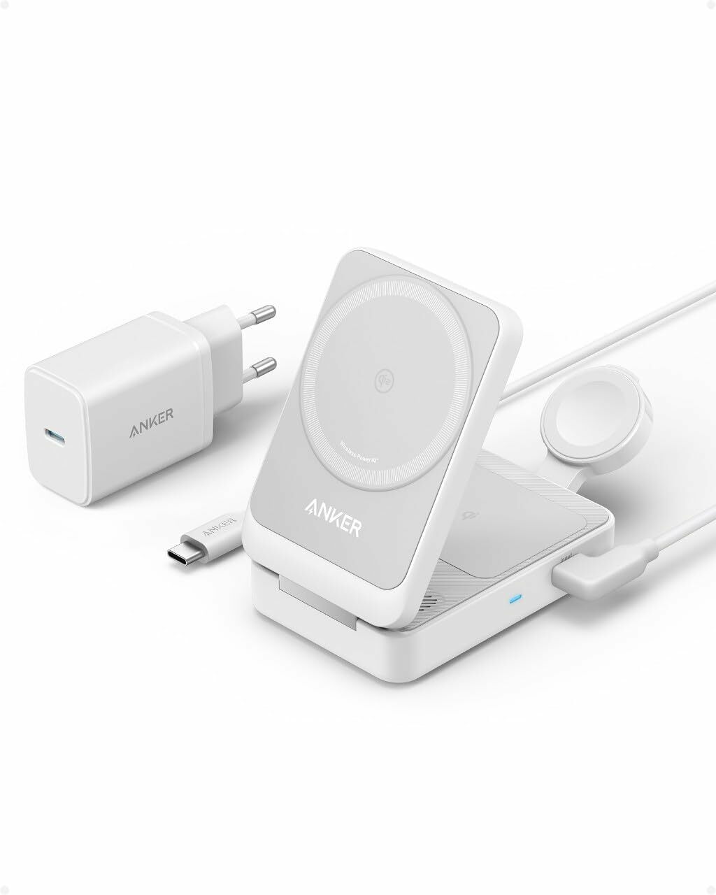 Incarcator wireless magnetic Anker MagGo 3-in-1, MagSafe compatibil, 15W, Qi2 Certificat, Pliabil, (incarcator si cablu USB-C inclus), Alb