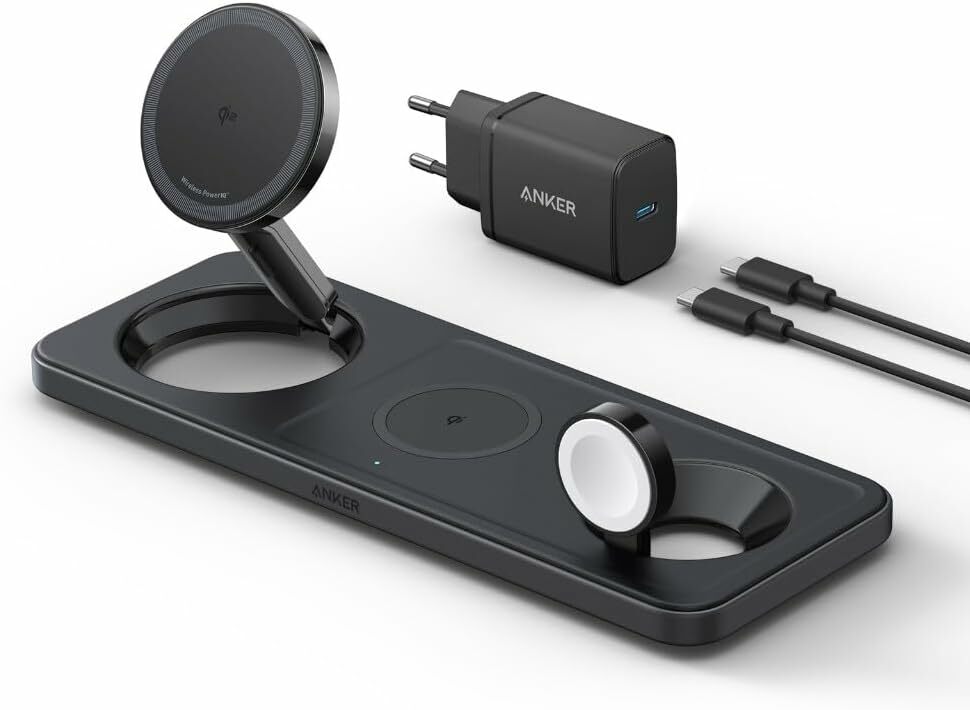 Incarcator wireless pliabil Anker MagGo 3in1 Stand, Qi2, pentru iPhone 15/14/13/12, AirPods, Apple Watch, cu incarcator si cablu USB-C inclus, Negru