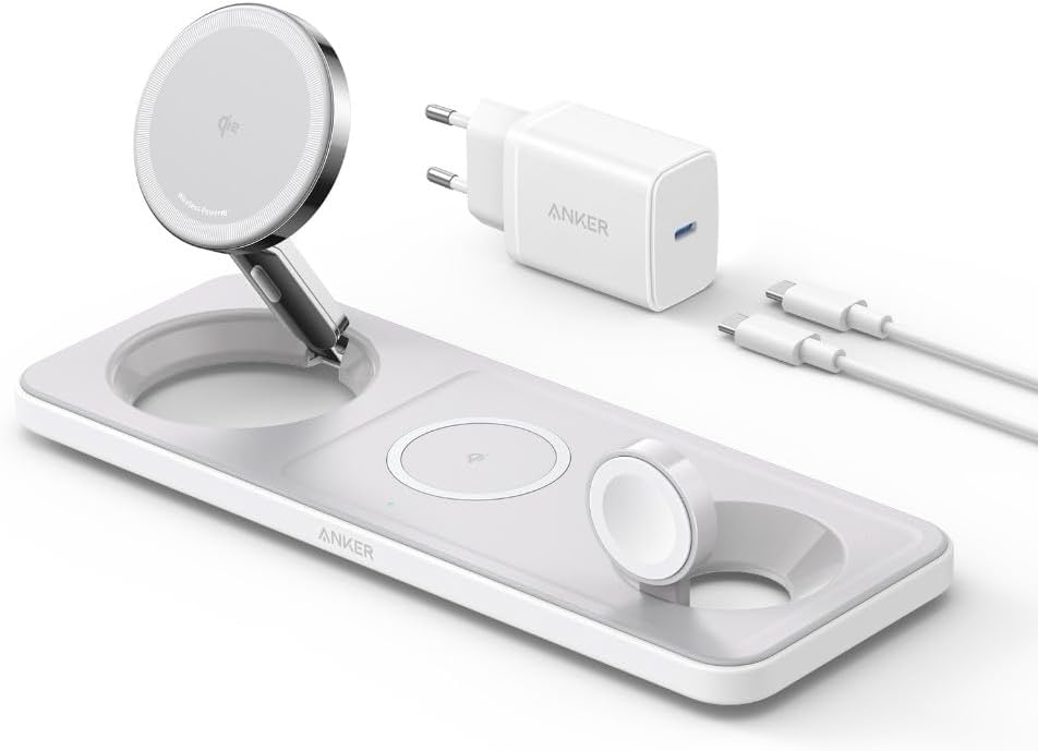 Incarcator wireless pliabil Anker MagGo 3in1 Stand, Qi2, pentru iPhone 15/14/13/12, AirPods, Apple Watch, cu incarcator si cablu USB-C inclus, Alb