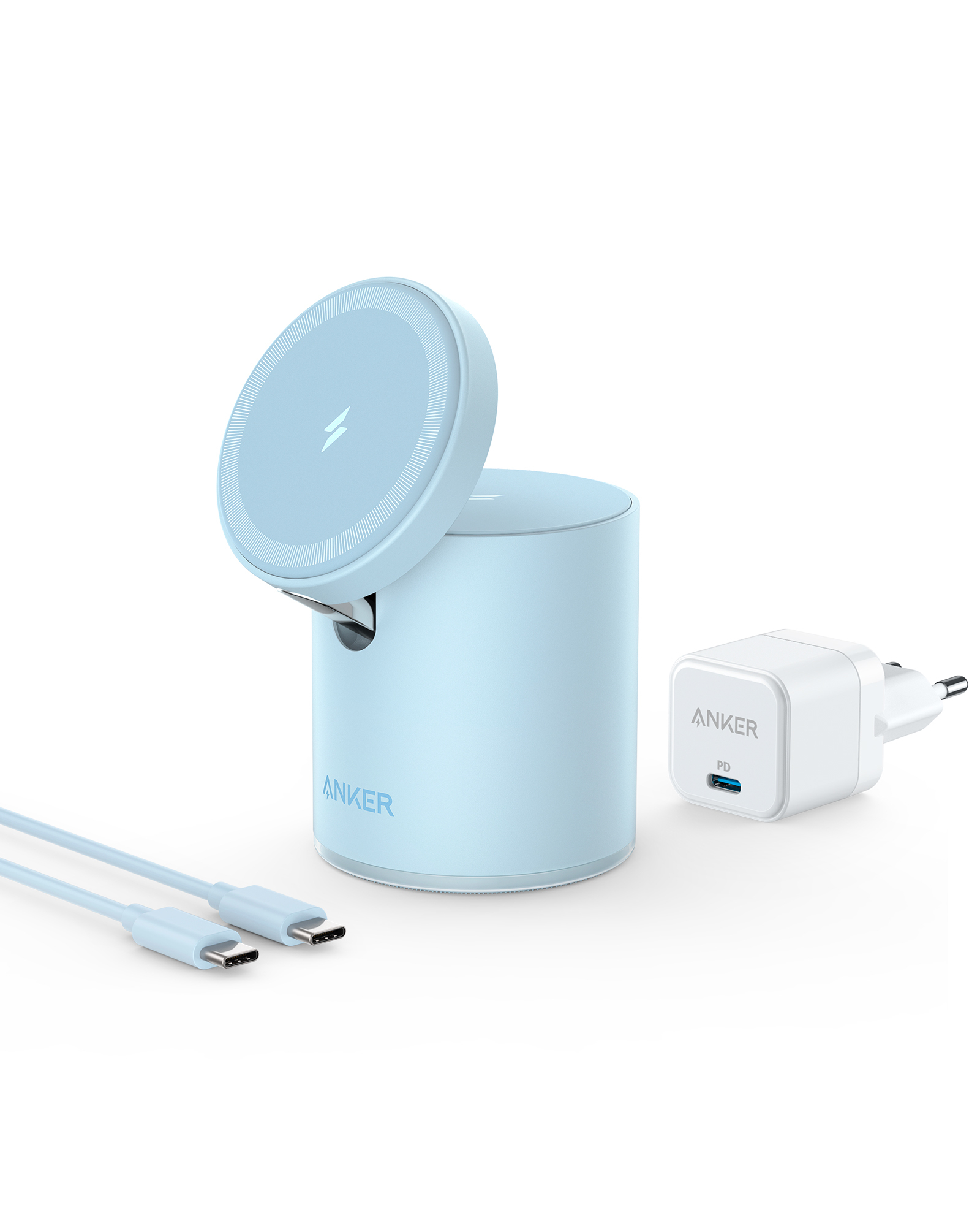 Incarcator wireless QI Anker PowerWave Mag-Go 2in1, 20W, Albastru
