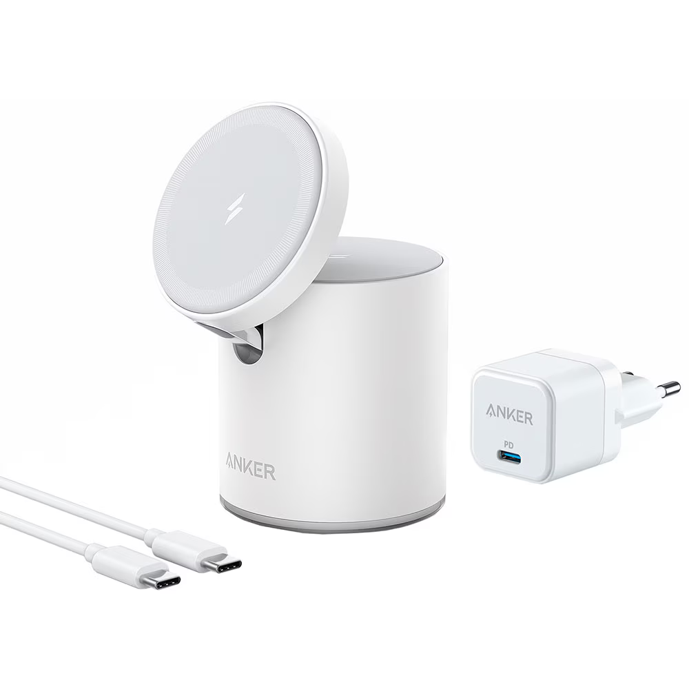 Incarcator wireless QI Anker PowerWave Mag-Go 2in1, 20W, Alb
