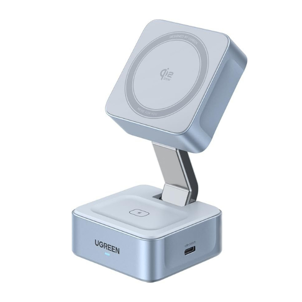Incarcator wireless magnetic Ugreen MagFlow 25W Qi2 2in1, compatibil MagSafe, Albastru