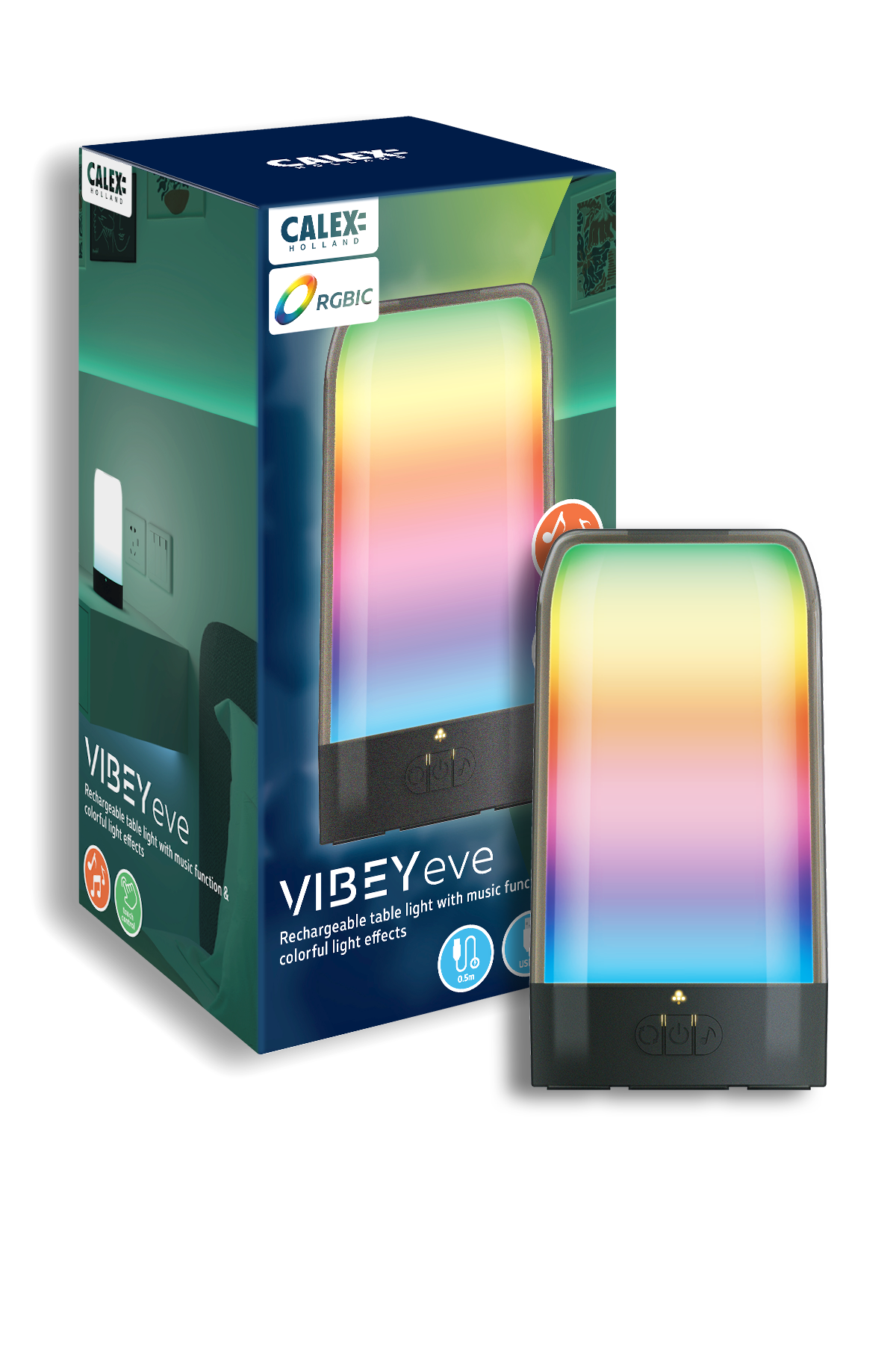 Lampa de birou LED Calex Vibey, reincarcabila, RGBIC, 2500 mAh, Negru