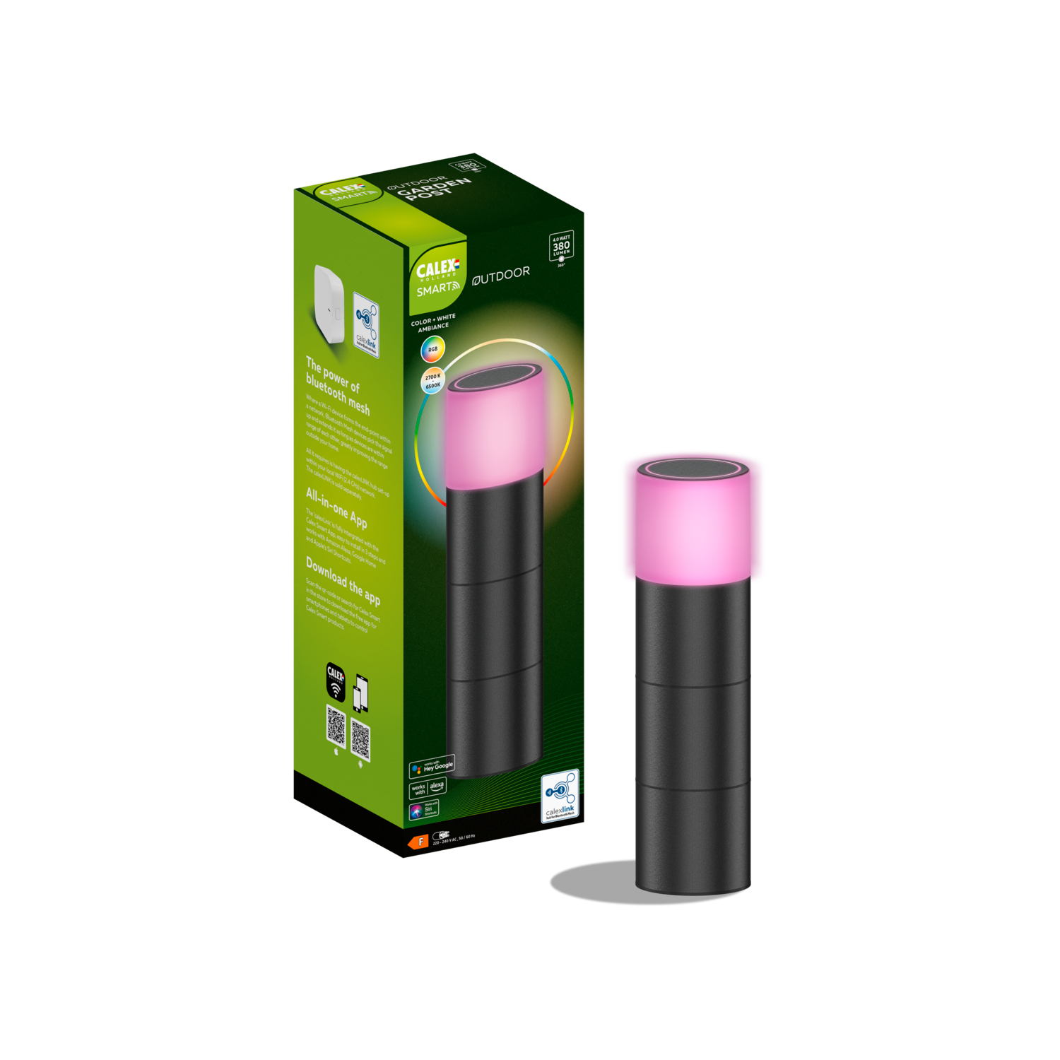 Lampa de gradina inteligenta Calex Smart Pedestal, RGB + alb cald, 4W, IP44, 380 lm, clasa F, Negru