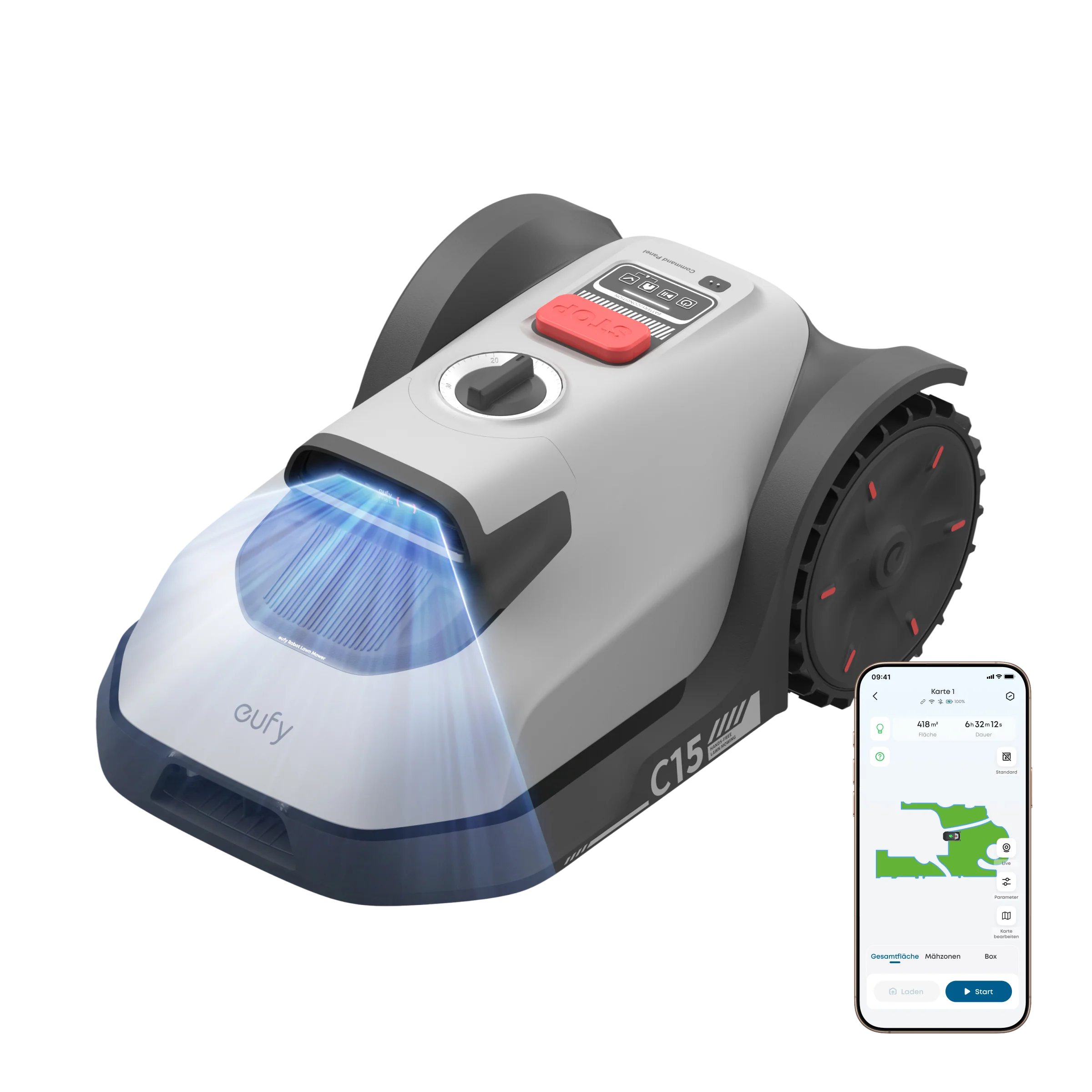Robot de tuns iarba/gazon eufy C15 Solo, Inaltime de taiere 2-6 cm, Tehnologie TrueVision, Auto Mapare, IPX6