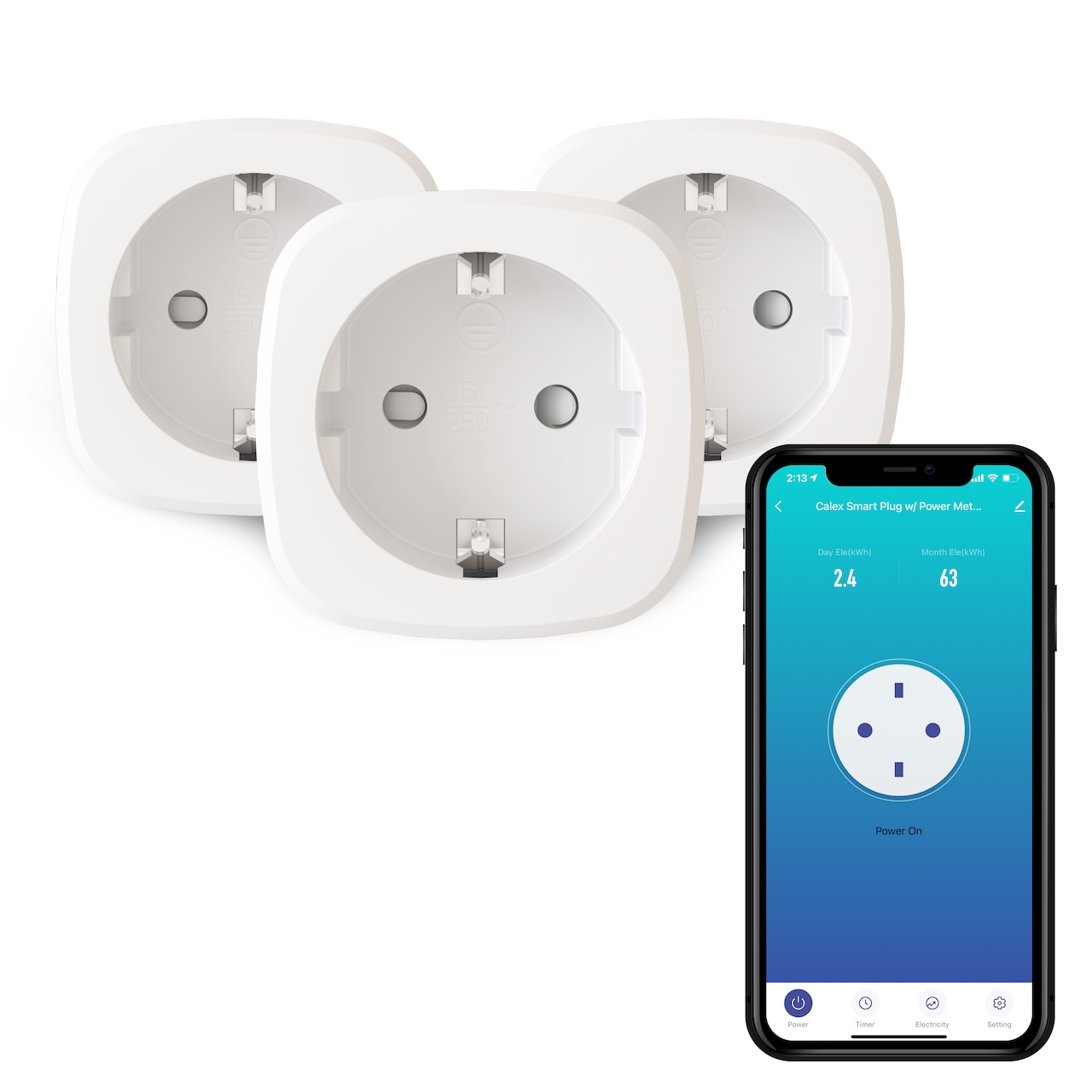 Set 3 Prize inteligente Calex Smart Plug 16A, 3600W Max, conexiune WiFi, Alb