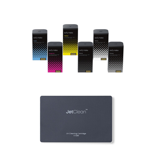 Set cerneala UV eufyMake E1 (CMYK + Alb, Glossy) + Cartus de curatare