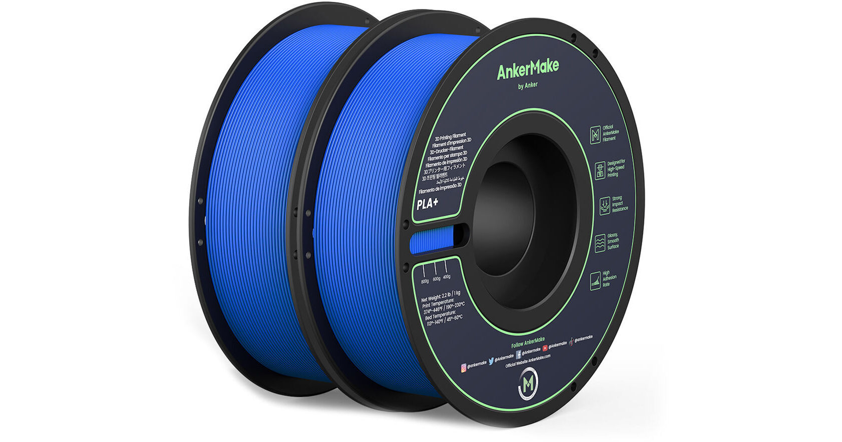 Set de 2x Filament AnkerMake PLA+ pentru imprimanta AnkerMake 3D, 2 kg, proiectat pentru imprimare de mare viteza, Albastru