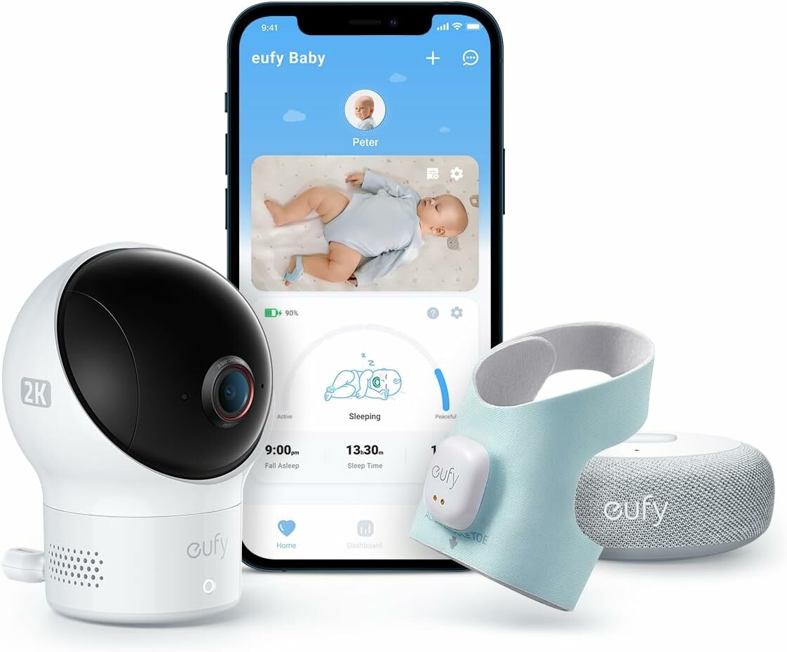 Set Supraveghere Bebe eufy S340 – Camera 2K Wi-Fi + Senzor Vital Smart Sock (Heart Rate, SpO2, AI Cry Detection)