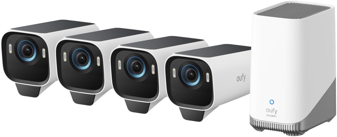 Sistem supraveghere video wireless eufyCam S3 Pro, 4K, BionicMind™, MaxColor Vision, Panou Solar integrat, Homebase 3 + 4 camere video eufyCam S3