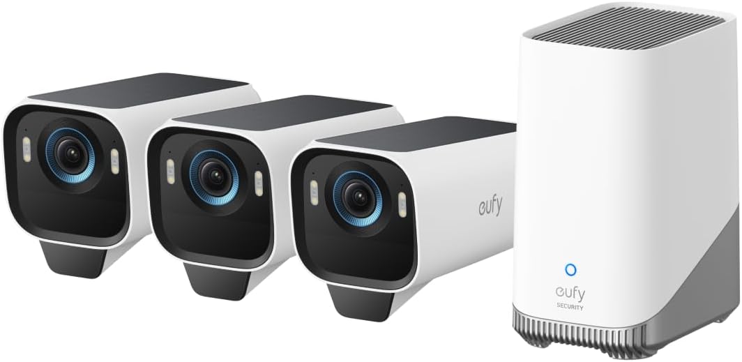 Sistem supraveghere video wireless eufyCam S3 Pro, 4K, BionicMind™, MaxColor Vision, Panou Solar integrat, Homebase 3 + 3 camere video eufyCam S3