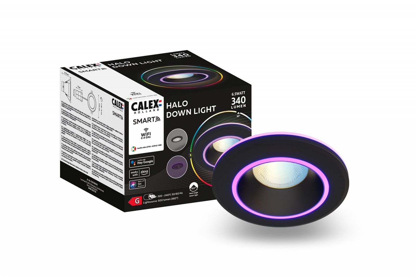 Spot de tavan LED Calex Smart Halo 10cm, RGB, lumina calda, 6.5W, 340 lumeni, clasa G, Negru