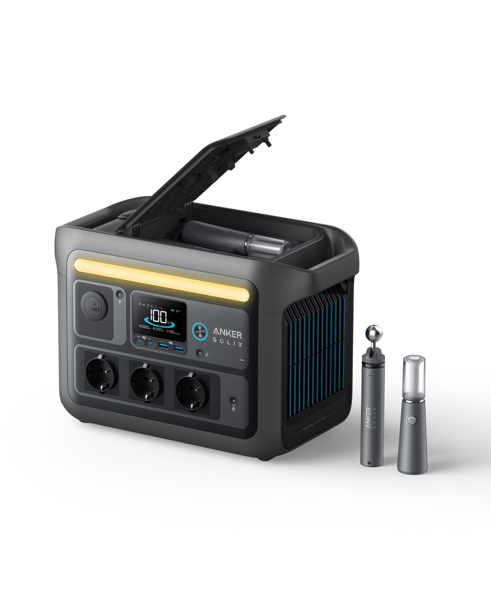 Statie de alimentare portabila Anker Solix C800X, 768Wh, LiFeP04, 1200W, 8 porturi, lumina LED, cu doua lanterne pentru camping