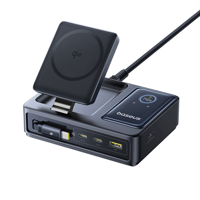 Statie de incarcare Baseus Nomos 5-in-1, 140W, Qi2, Incarcator wireless, Cablu retractabil, 3x USB-C, 1x USB-A, Negru