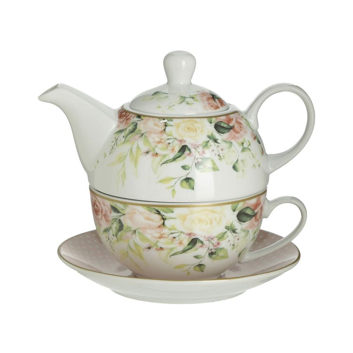Set de ceai ceainic + ceasca si farfurioara din portelan Flowers Inart