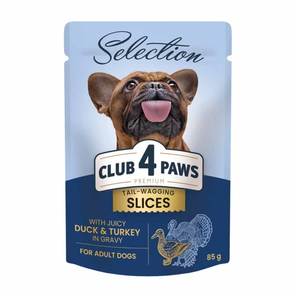 Club 4 Paws Premium Selection Plic Caine Adult Talie Mica – Bucati de Rata si Curcan (in sos) 85g (bucăti