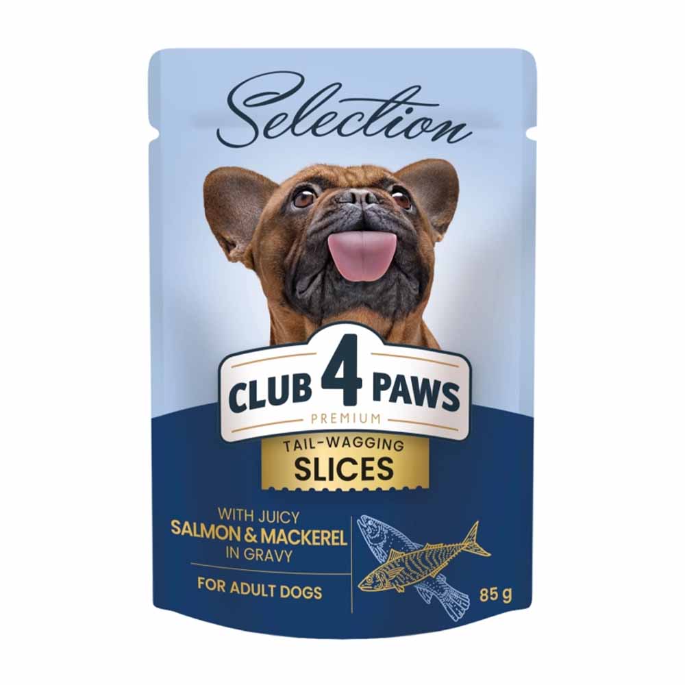 Club 4 Paws Premium Selection Plic Caine Adult Talie Mica – Bucati de Macrou si Somon (in sos) 85g (bucăti