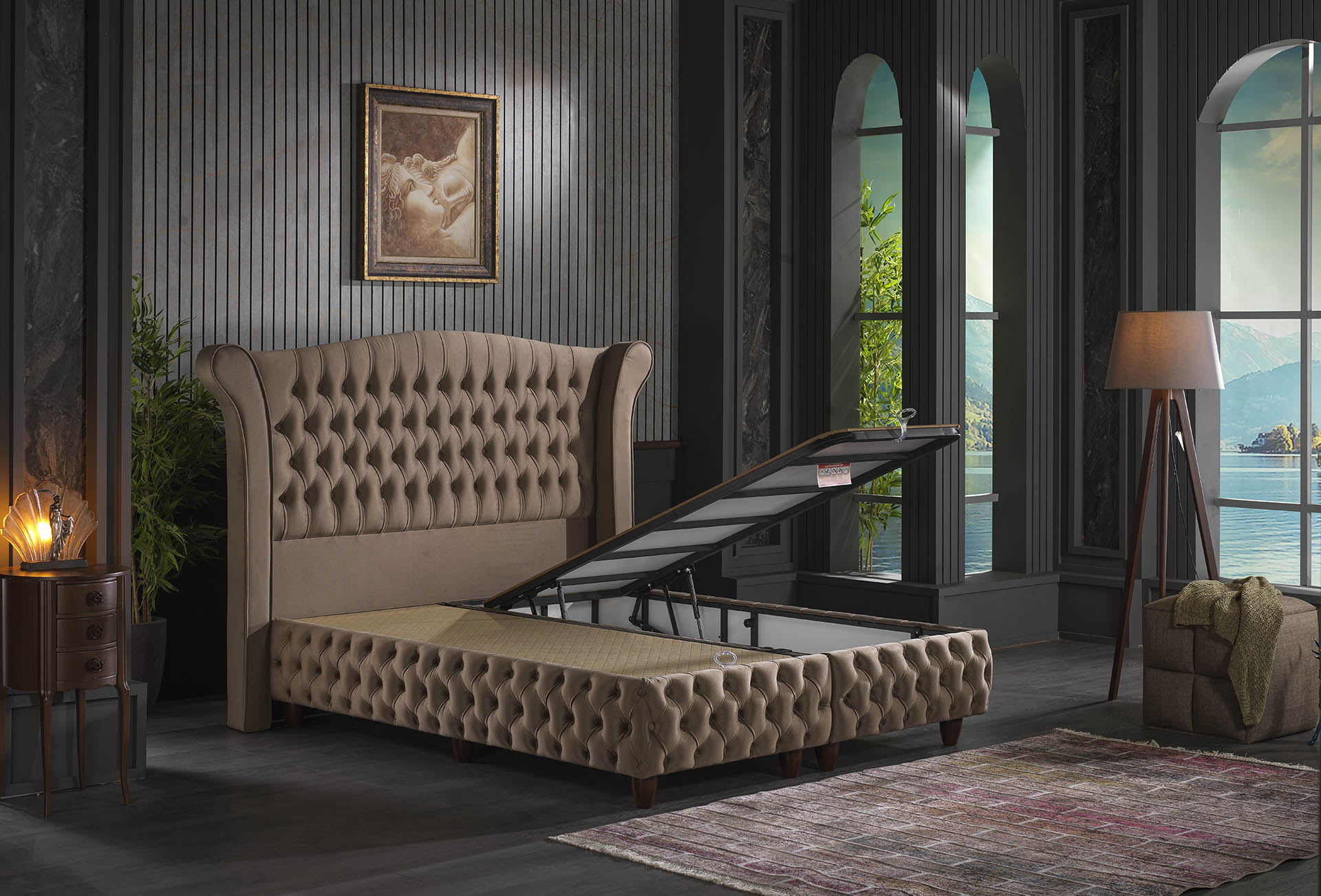 PATURI Pat cu saltea BASEL , bej, topper inclus, 160x200 PatBS bej UYK ...