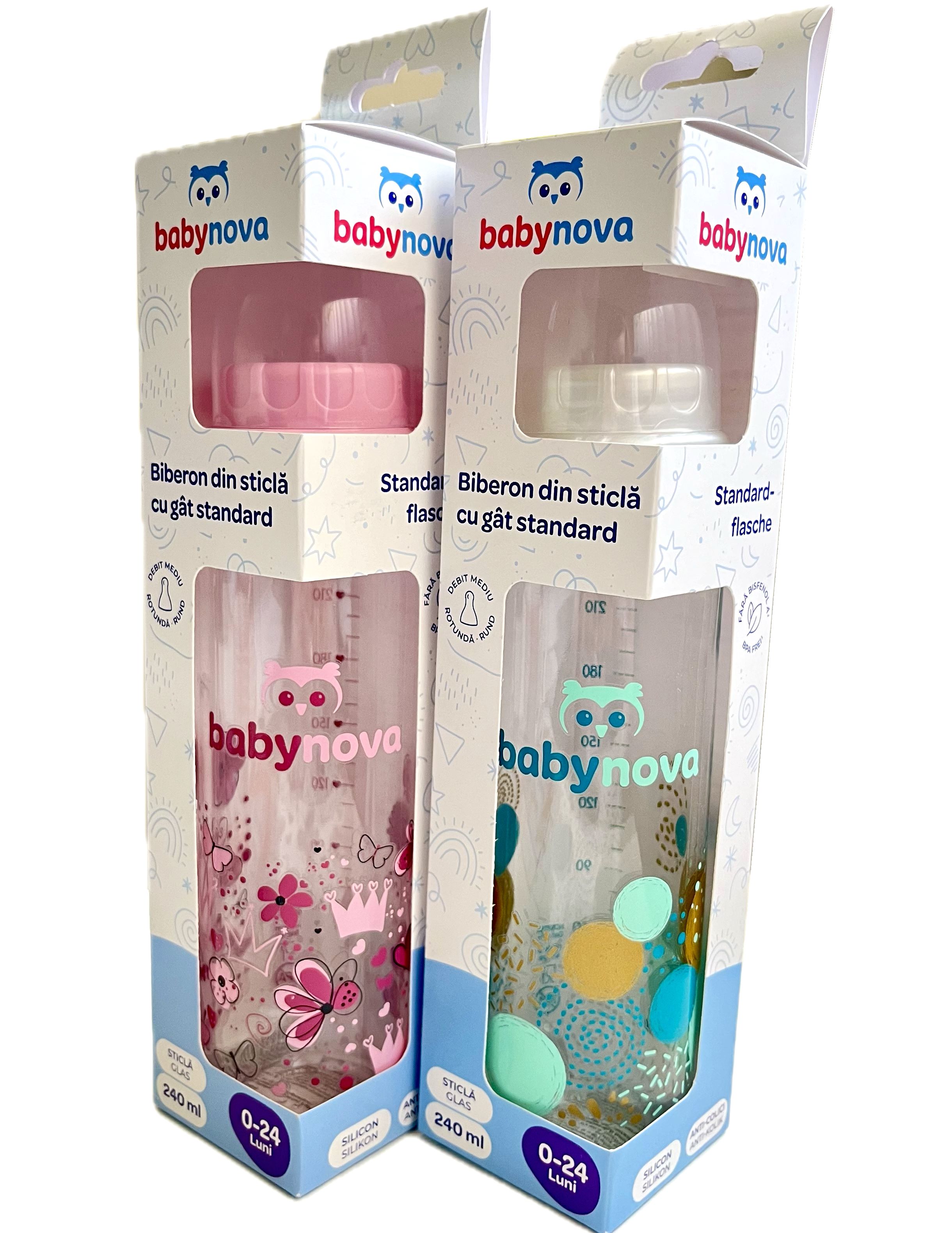 Biberon din sticlă cu gât standard, 0-24 luni, fara BPA, tetină M, rotunda, flux mediu, 240ml, Babynova