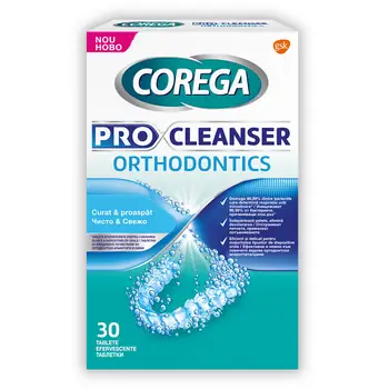 Tablete efervescente pentru curatarea dispozitivelor orale Corega Pro Cleanser Orthodontics, 30 tablete, Gsk